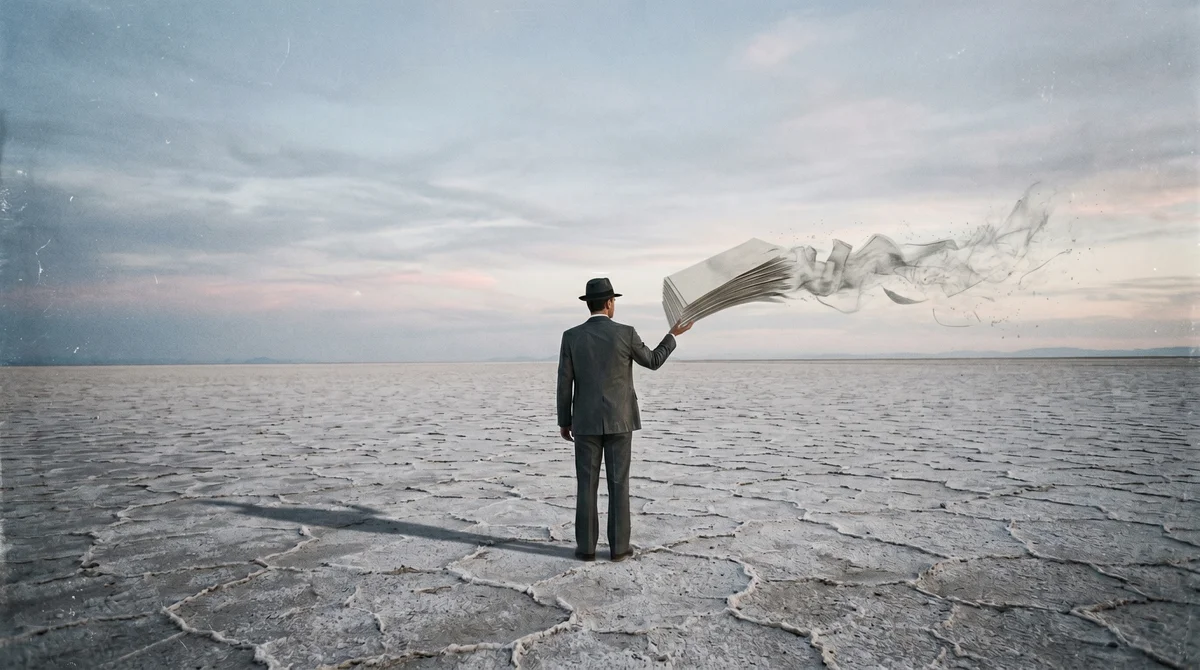 A suited man in a fedora stands alone on a vast cracked salt flat holding out a stack of banknotes that dissolves into smoke.