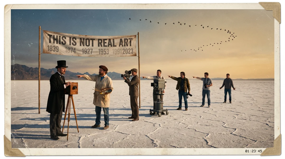 Creators from different eras point accusingly on a salt flat below a "THIS IS NOT REAL ART" sign, mocking art gatekeeping.