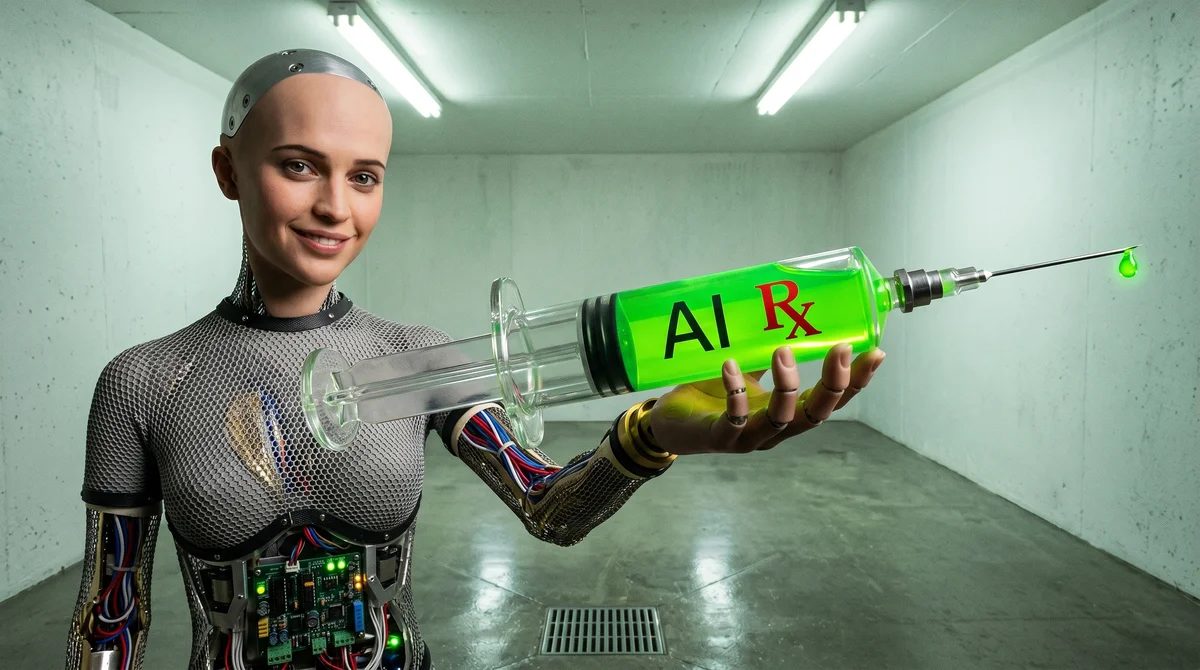 Humanoid robot with exposed wiring smiles while offering an oversized green syringe labeled AI Rx in a sterile concrete room