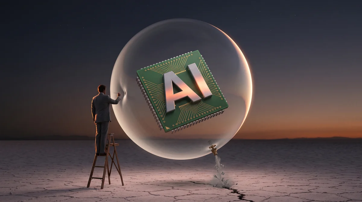 Surreal twilight: a suited man on a ladder needles a giant glowing bubble holding a chip marked "AI."