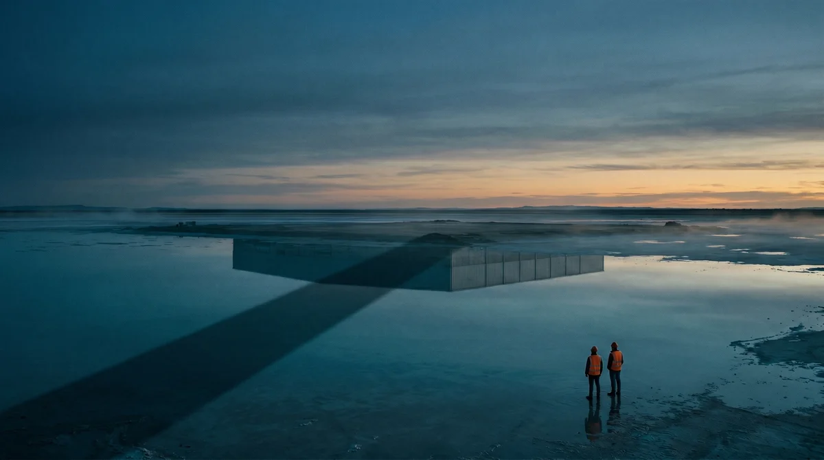 Data center mirrored in a still flooded plain at dusk, but missing from the sky above its own reflection.