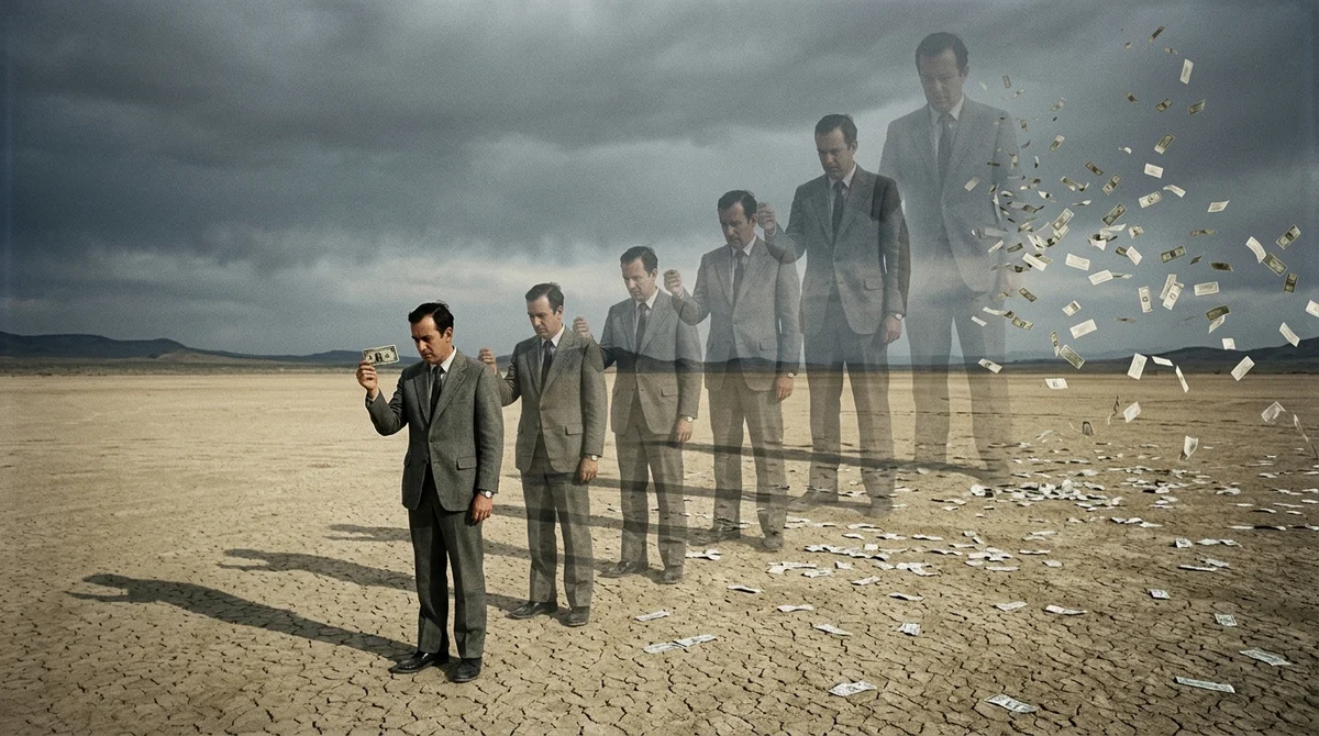 A suited man holds up a dollar on a cracked desert; behind him he repeats six times, each larger and more faded.