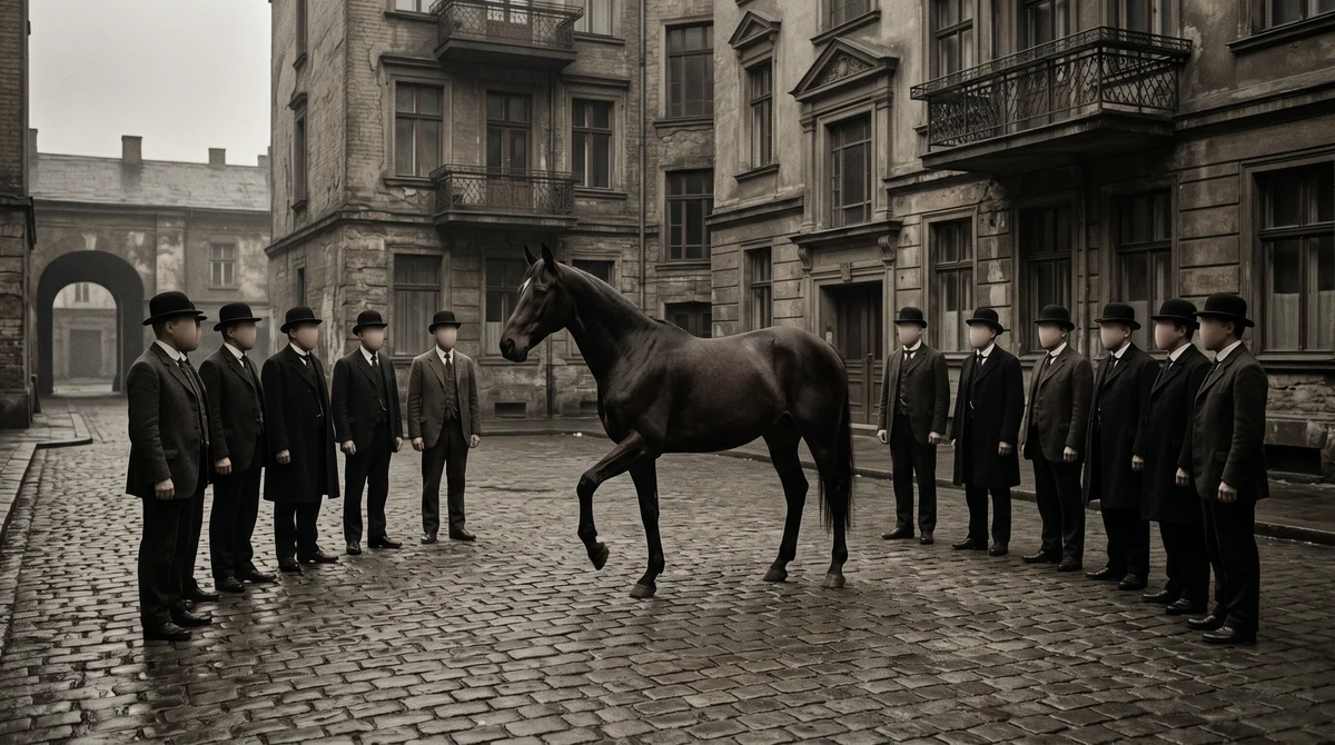 A dark horse raises one hoof in a cobblestone courtyard, encircled by faceless men in suits and bowler hats.