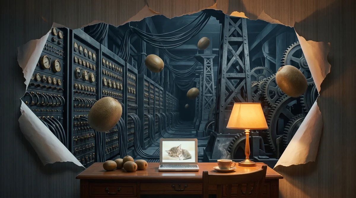 Cozy desk with laptop and lamp; the wall peels away to a huge dim machine of dials, gears, and floating kiwis