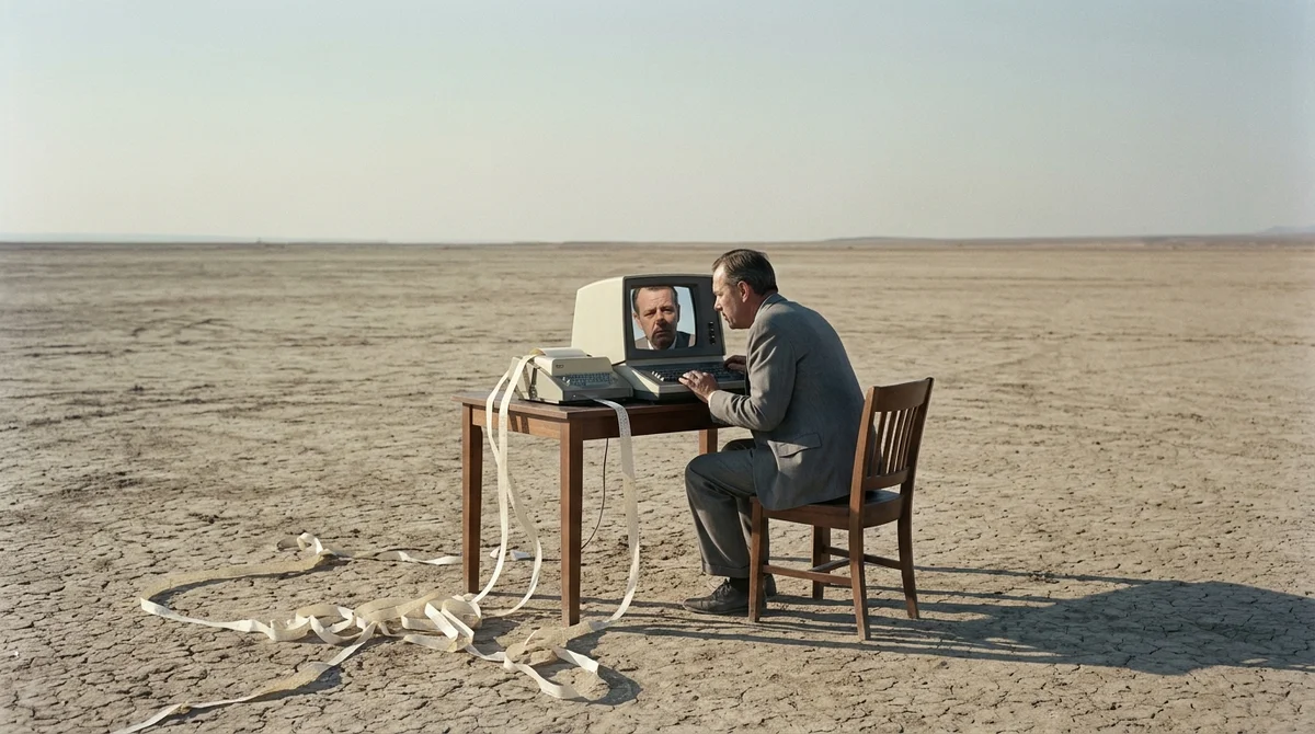 Man at a desk on a cracked dry lakebed confides in a vintage computer whose screen shows his own reflected face.