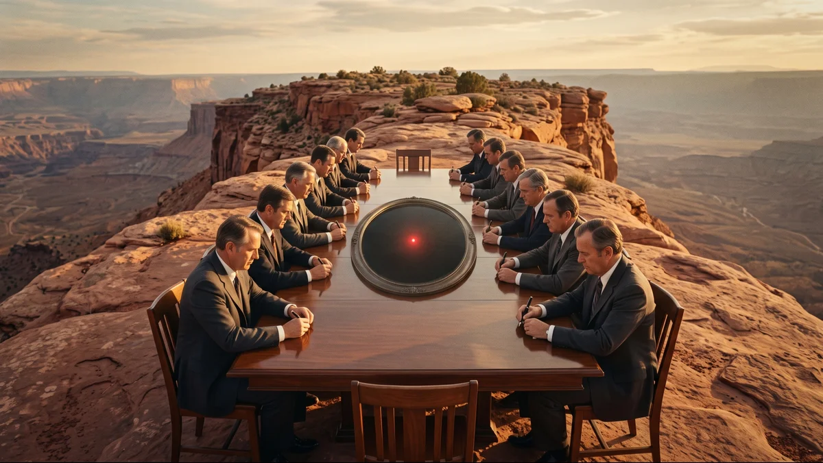 Men in dark suits sign documents at a boardroom table on a desert cliff edge, a glowing red eye watching from its center.