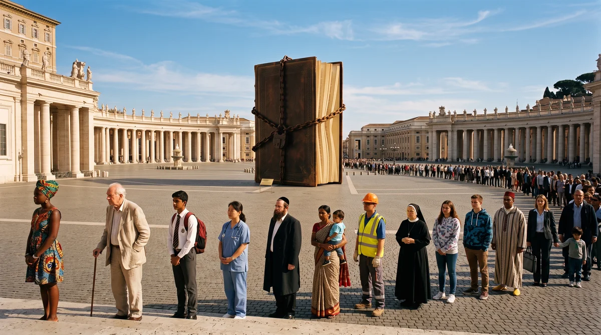 A giant chained book stands in St. Peter's Square as a diverse crowd queues to read it