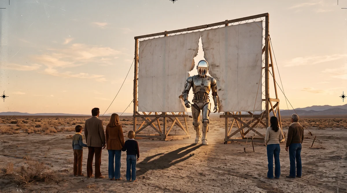 Chrome robot steps through a torn cinema screen in the desert as a small crowd calmly watches.