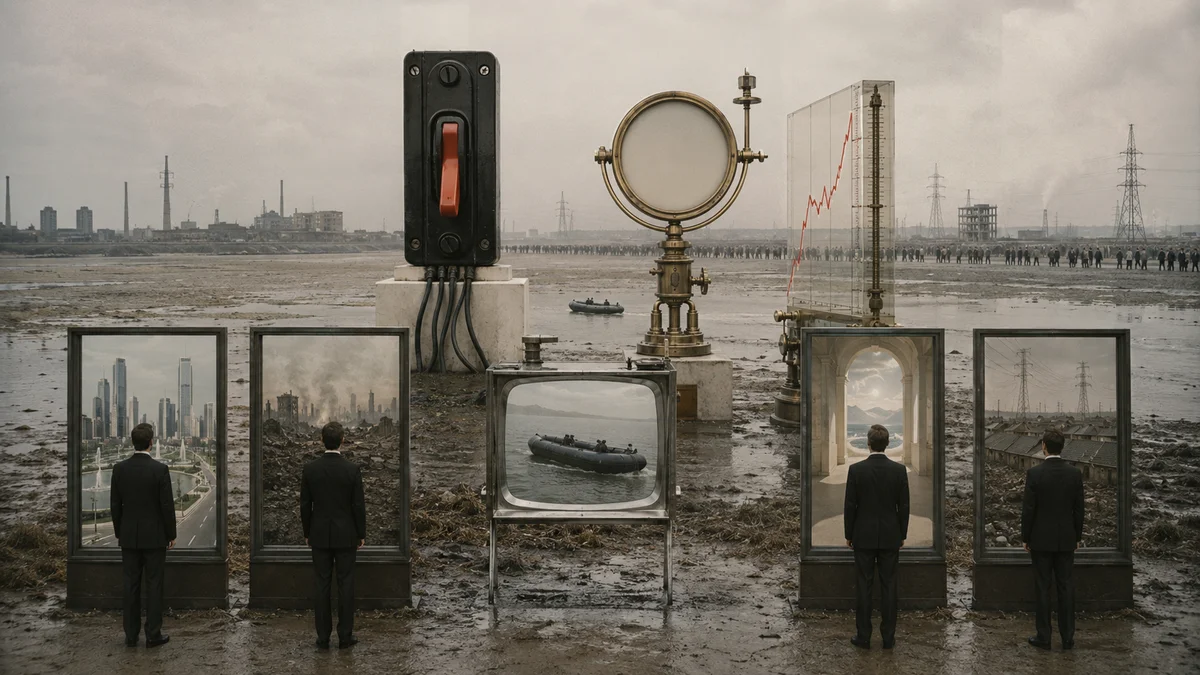 Suited men face framed screens showing different scenes on a mudflat; giant switch, blank gauge, rising graph behind.
