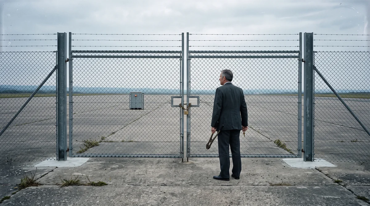 A suited man with bolt cutters and a key stands at a padlocked fence enclosing an empty airfield.