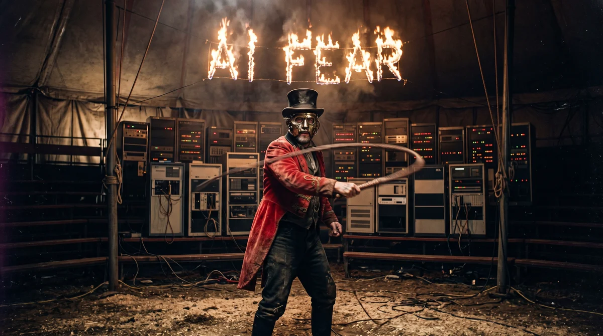 A masked cyborg ringmaster cracks a whip in a circus tent below flaming "AI FEAR" letters, server racks in the bleachers.