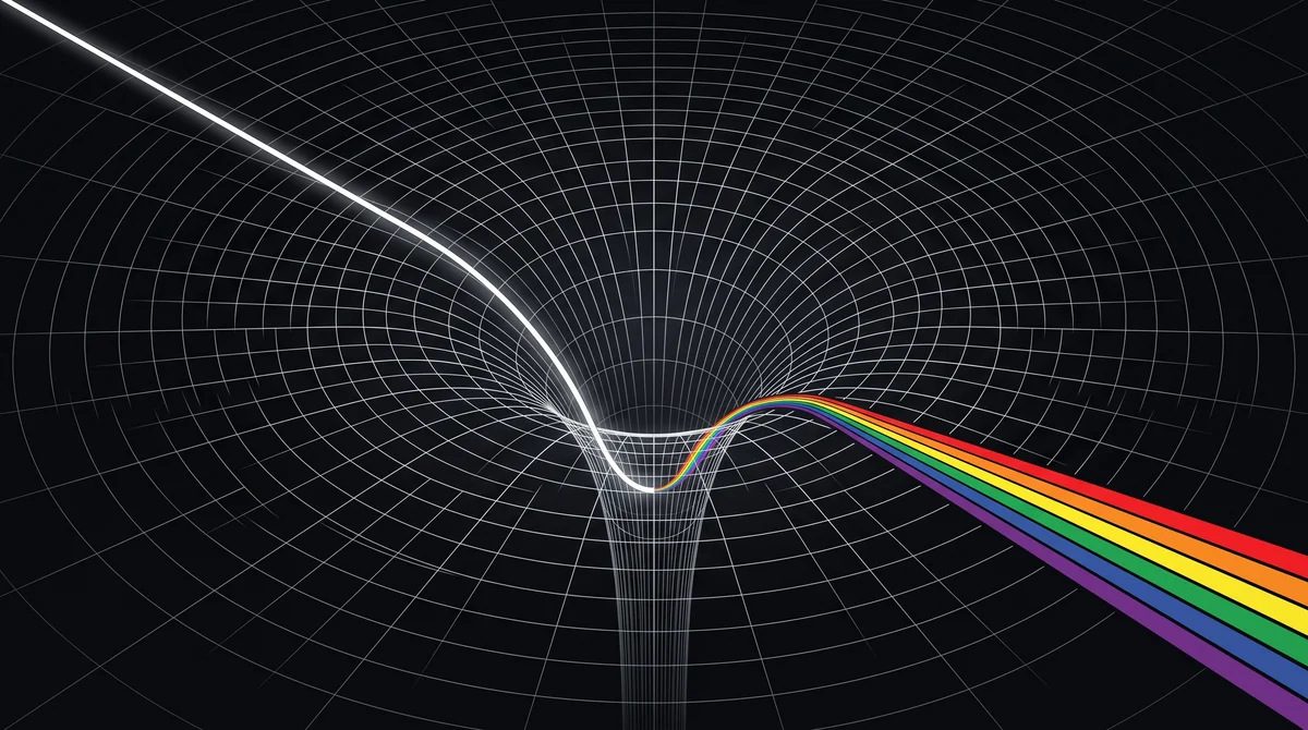 A white beam bends through a funnel-shaped gravity well on a black grid and exits as a rainbow spectrum.