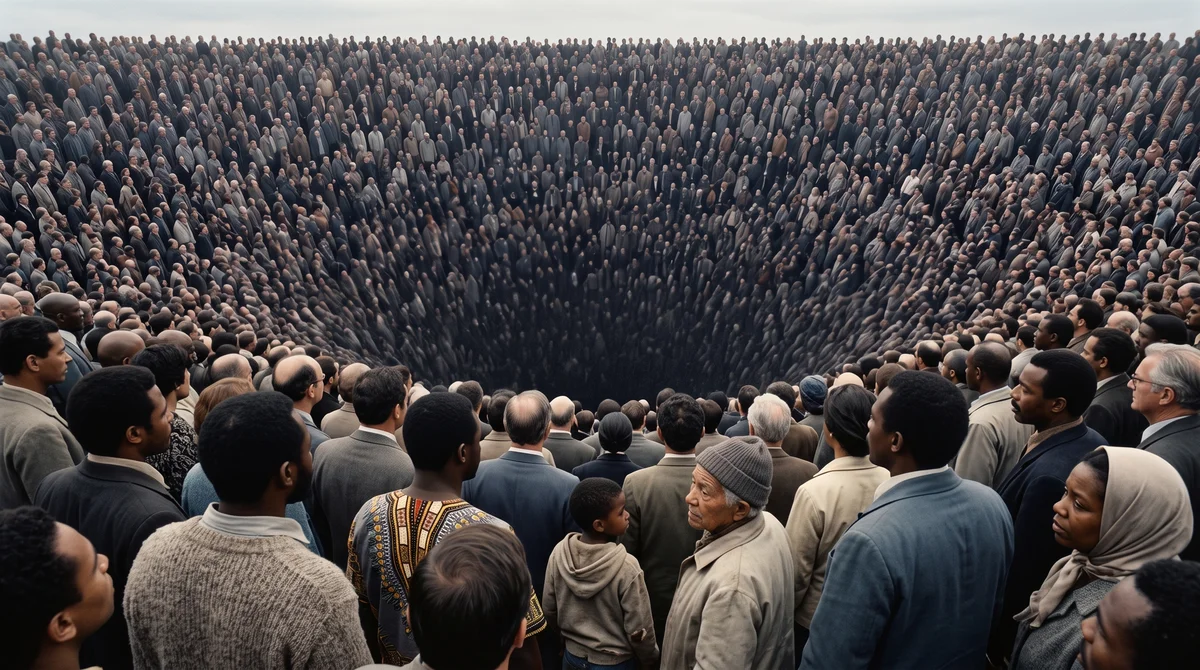 A vast, diverse crowd recedes into a dark funnel-shaped pit at the center, the mass of people bending the ground into a well.