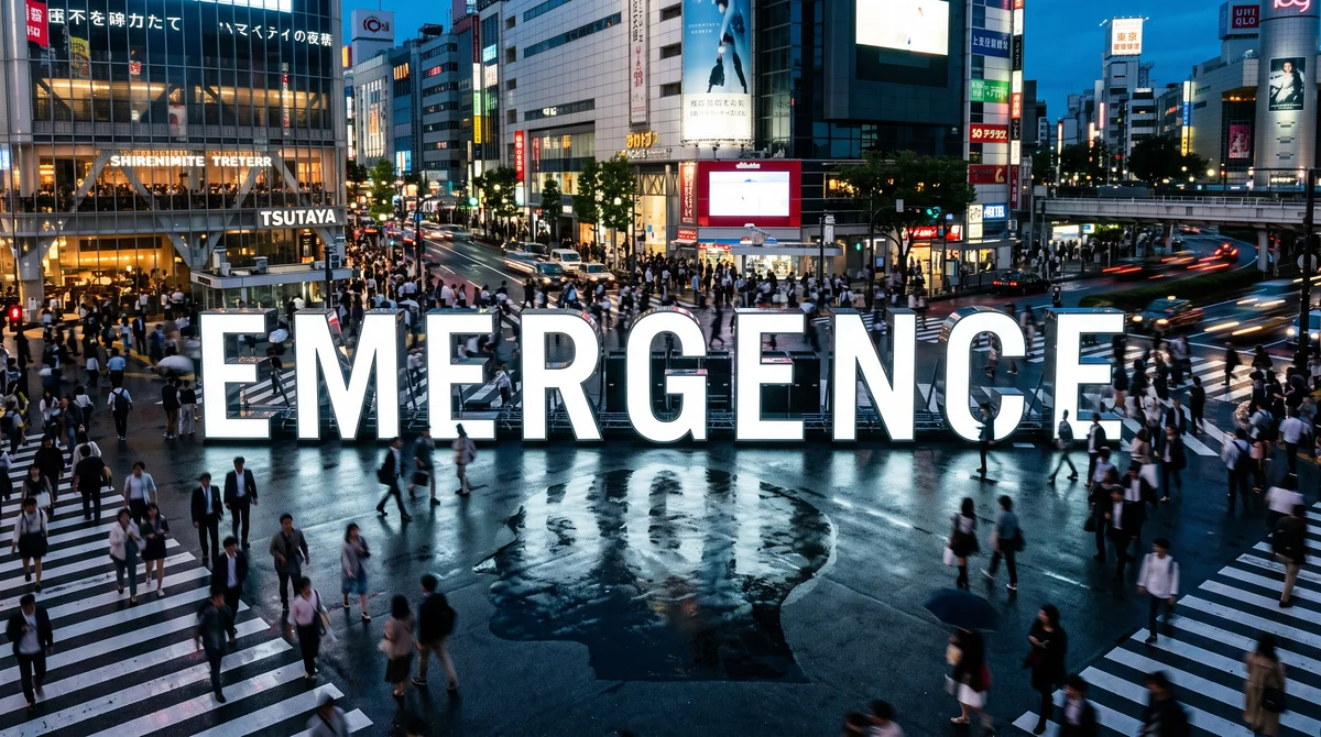 Massive illuminated "EMERGENCE" letters installed in Tokyo's Shibuya Crossing at dusk, pedestrians streaming past.