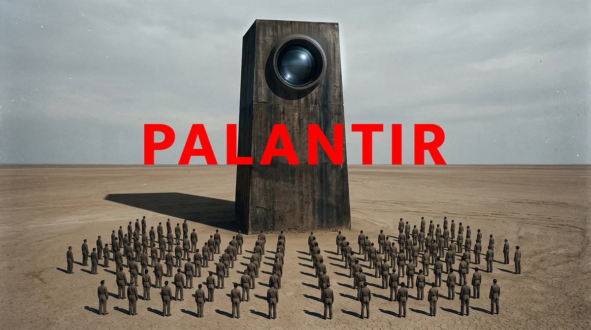 A concrete tower with a giant camera-lens eye looms over a crowd of grey-suited figures in a desert; red text: PALANTIR.