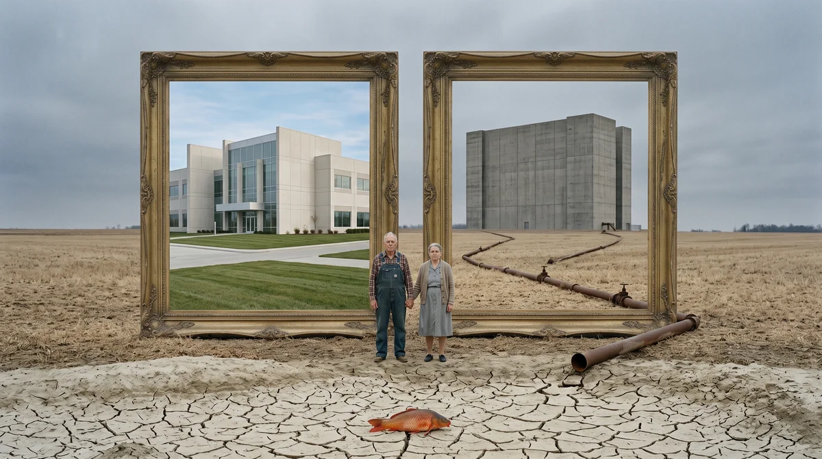 Elderly farm couple, two gold frames on cracked earth: pristine data center in one, grim concrete monolith in the other.