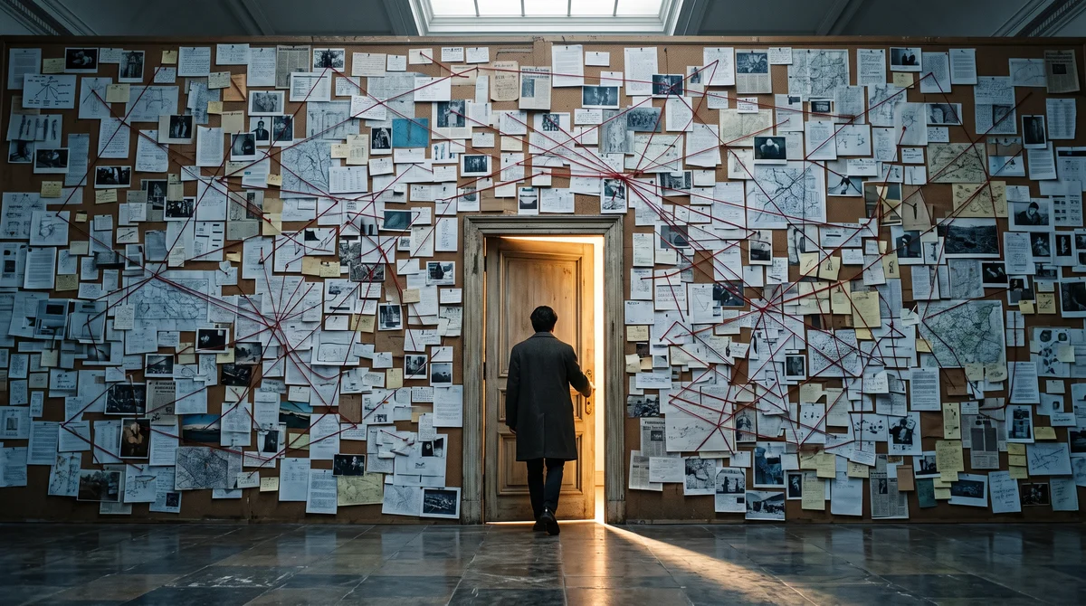 A lone figure enters a glowing doorway in a wall covered with documents, photographs, maps, and red string.