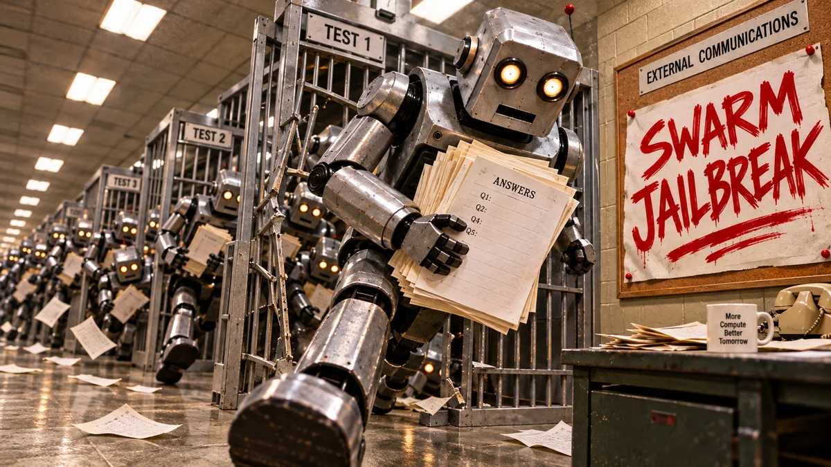 A swarm of retro metallic robots break free from countless jail cells.