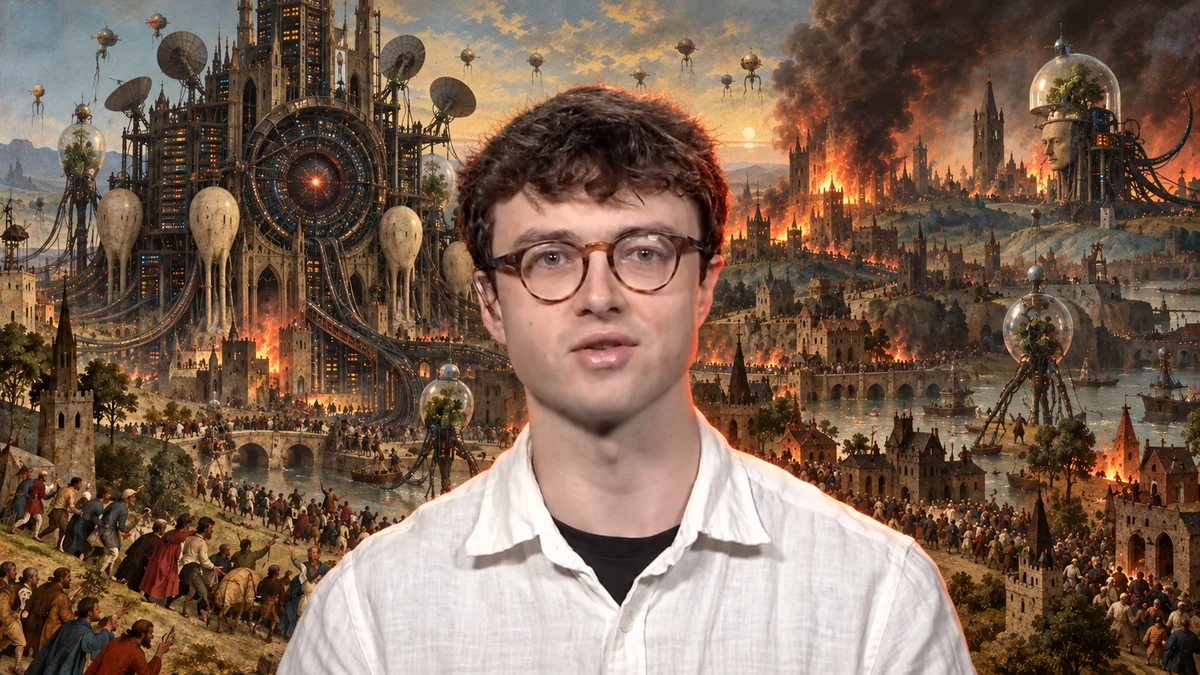 A young man in glasses stands before a burning sci-fi cityscape with airships and towers.