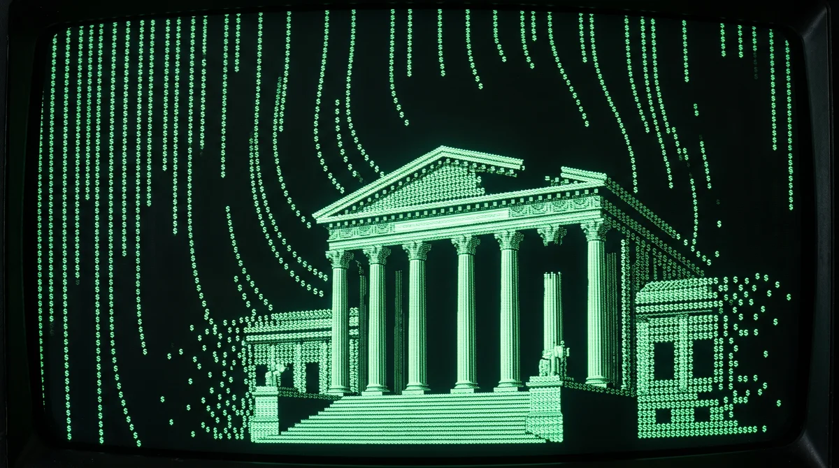 A neoclassical building assembles itself from cascading green dollar signs on a CRT screen