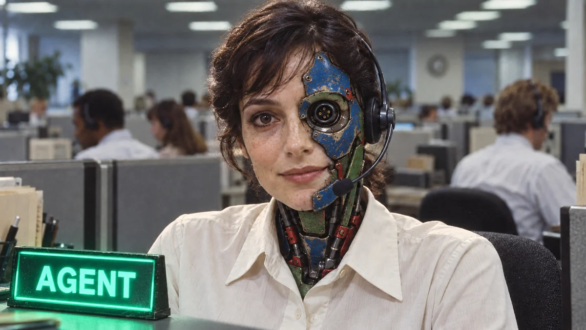 Female cyborg customer service agent in a call center with helpful expression