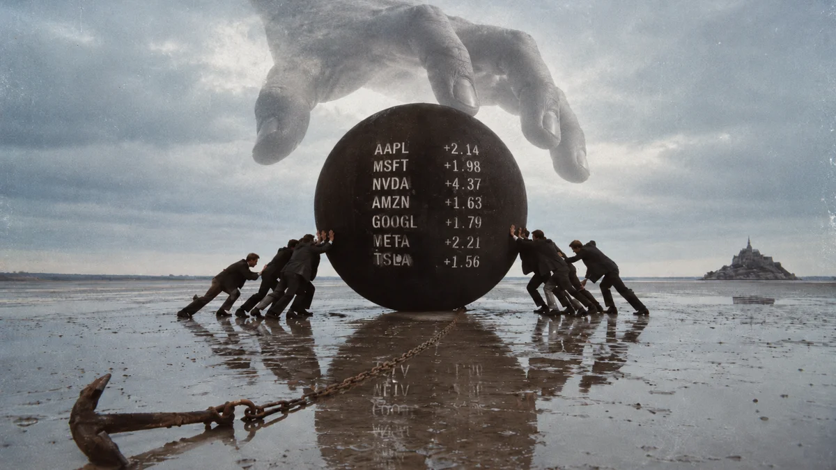 Giant spectral hand hovers over a stock-market sphere as suited figures push against it.