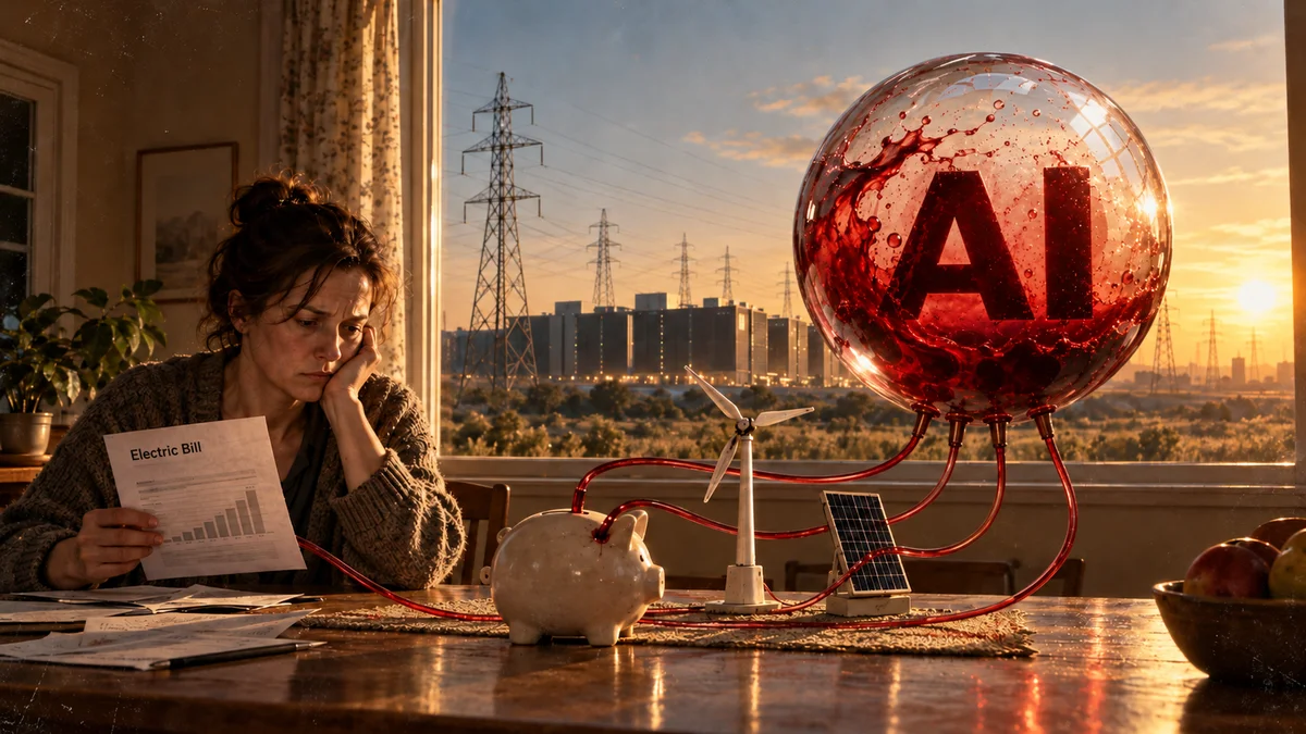Worried woman reads an electric bill as a giant blood-filled AI sphere drains household savings and energy.